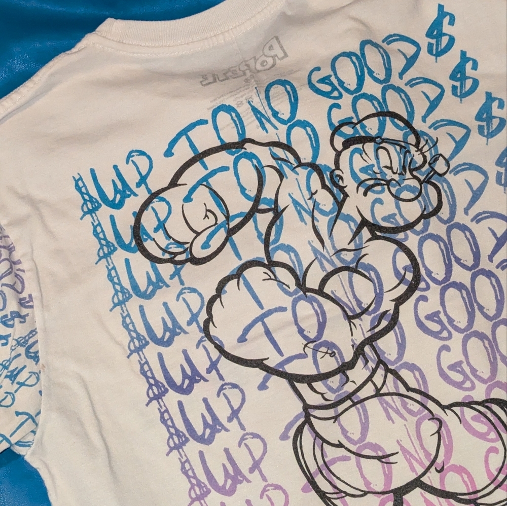 Popeye Graphic Tee Size Medium and Shein Blue Faux Leather Pants Size Small - Picture 3 of 6